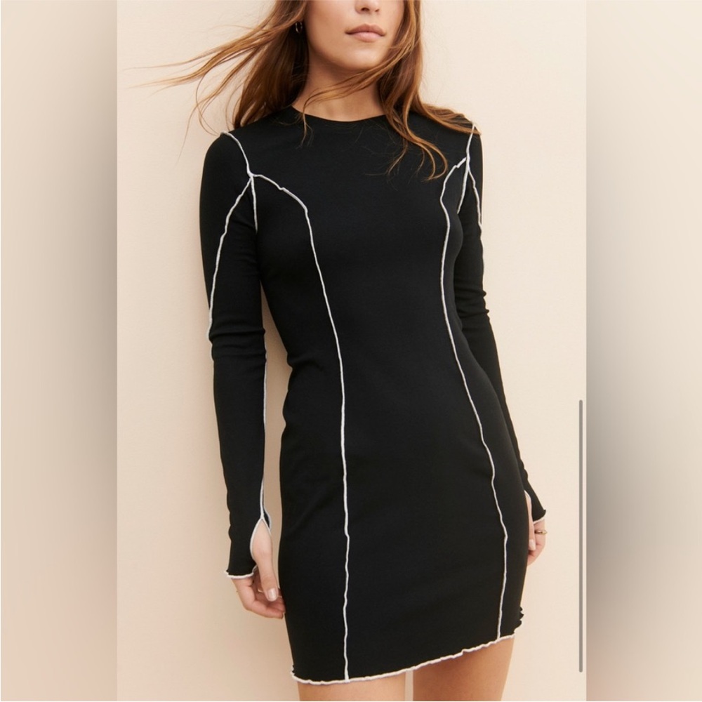 NWT GREY LAB black mini dress with white piping detail